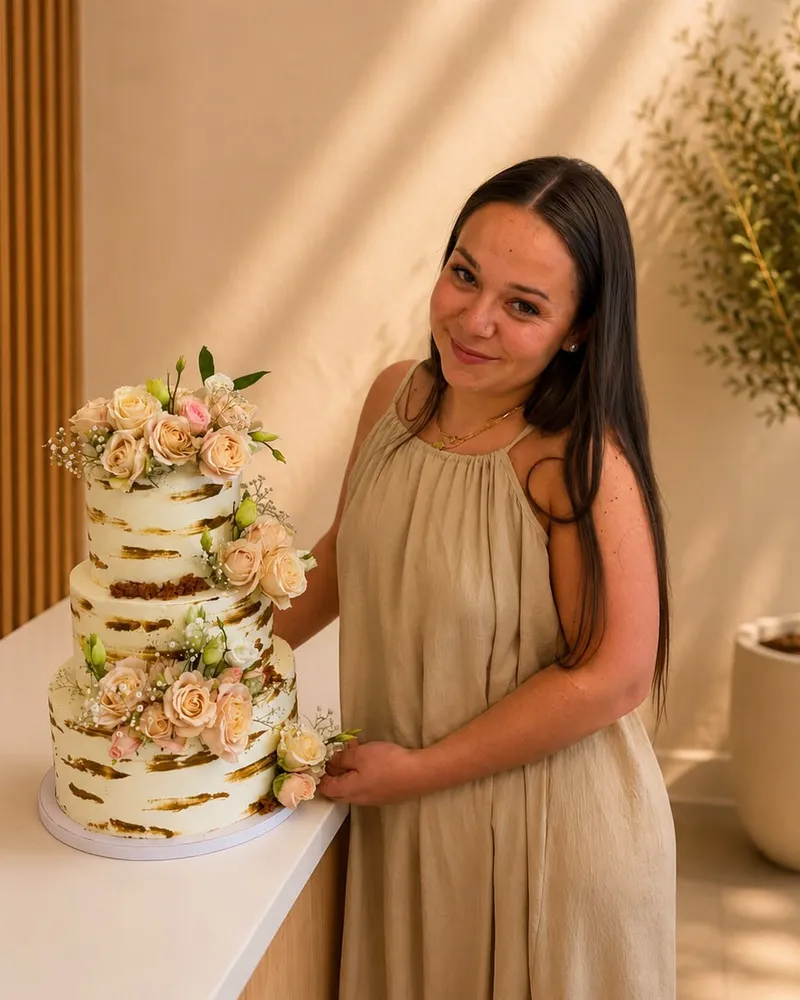 Emma présente une pièce montée décorée de roses